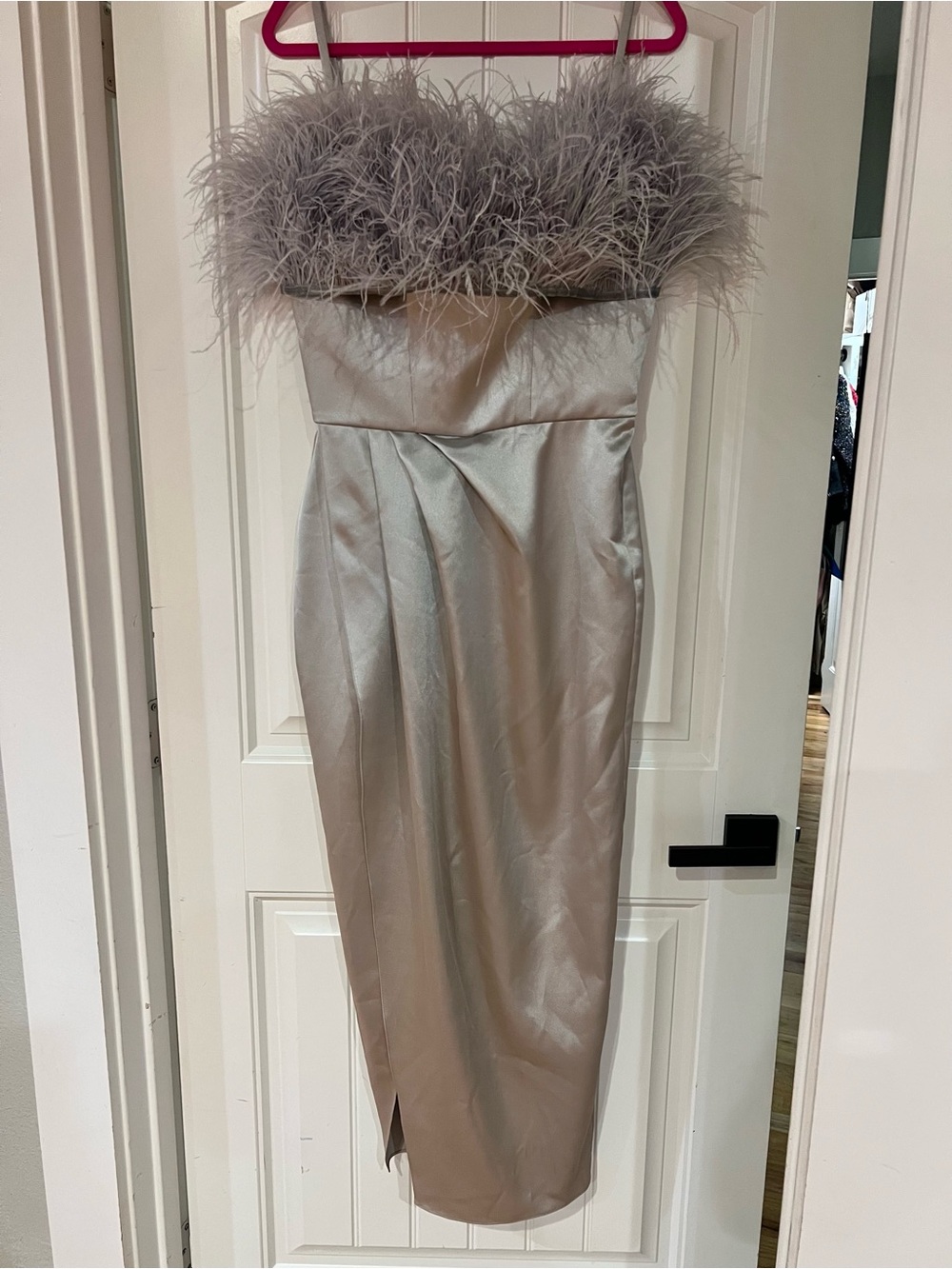 Mille Satin Strapless Midi Dress in Silver Gray
